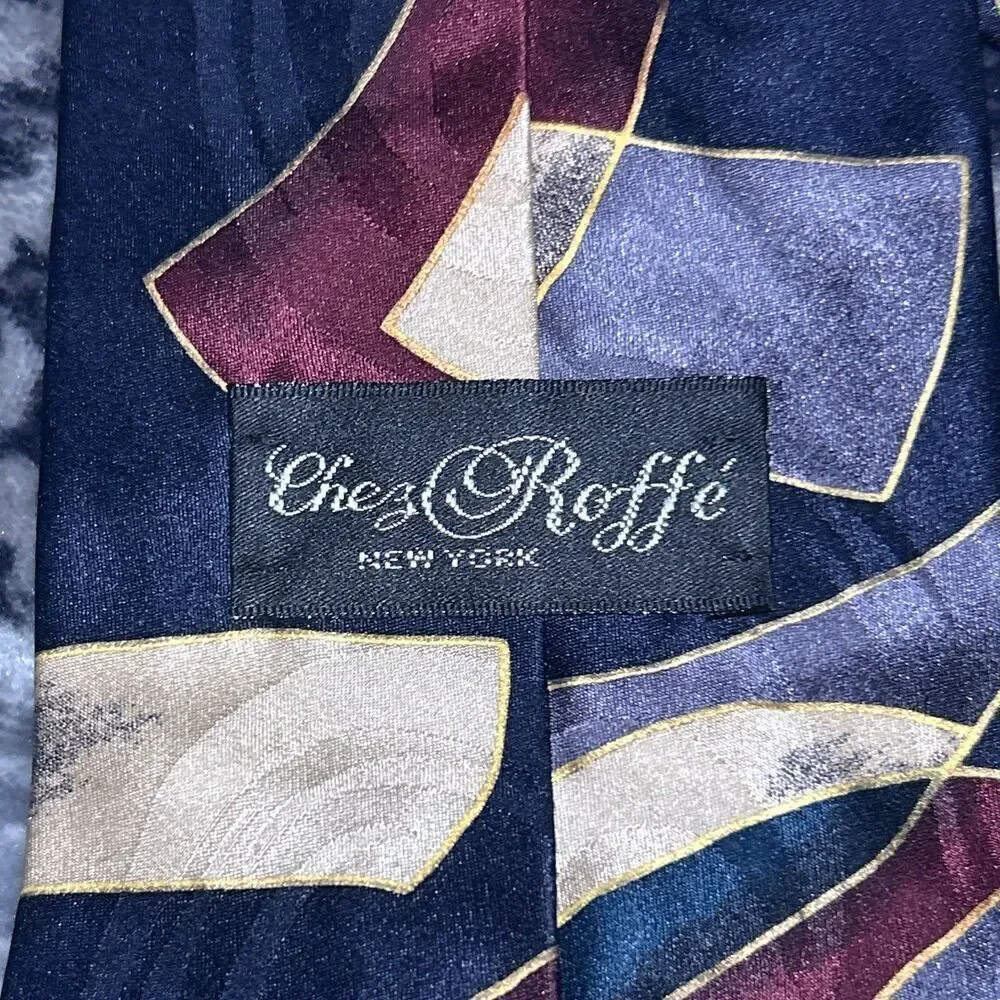 Chez Roffe Mens Silk Tie Blue Purple Gold Abstract